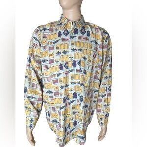 Calvin Klein Sports L Long Sleeve Button Front Shirt Military Medal Print